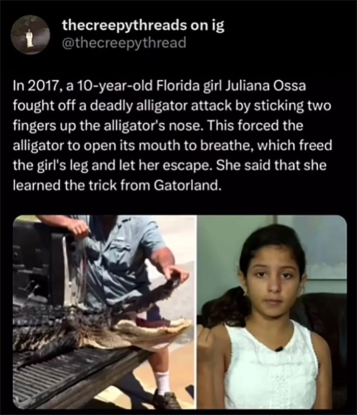 Text post and images showing a girl who survived an alligator attack, illustrating spooky facts about our world.