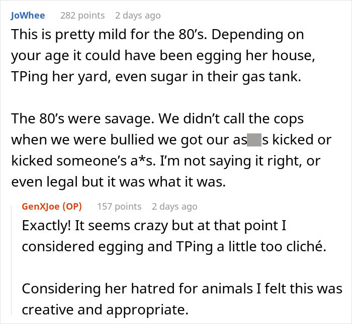 Reddit discussion about revenge and past experiences related to animal harm by a neighbor.