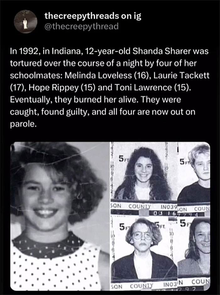 Photos of a 12-year-old victim and four teenage perpetrators related to a spooky true crime fact about our world.