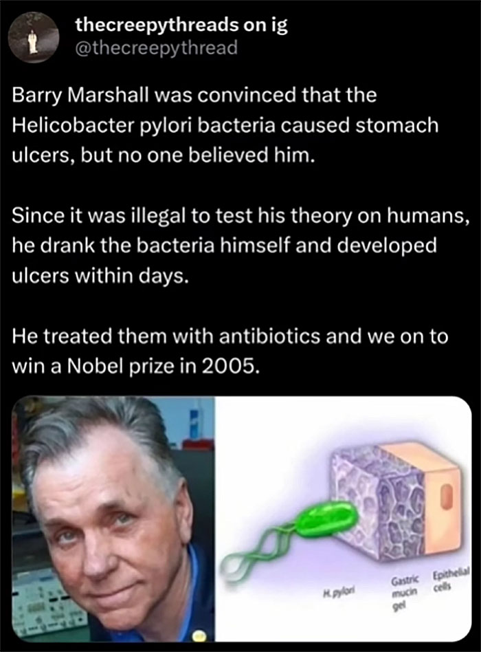 Image of a man and a bacteria diagram illustrating Helicobacter pylori causing stomach ulcers in spooky facts context.