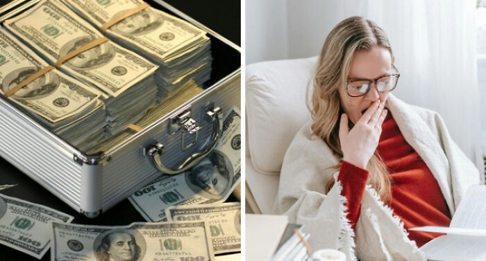 Briefcase full of cash and a tired woman struggling with adulting while reading and covering her mouth with a hand.