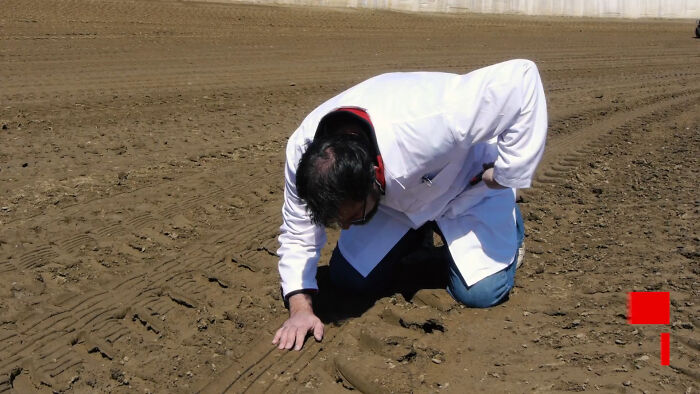 A person in a lab coat closely inspects dirt with a perplexed expression, embodying April Fool's skepticism.