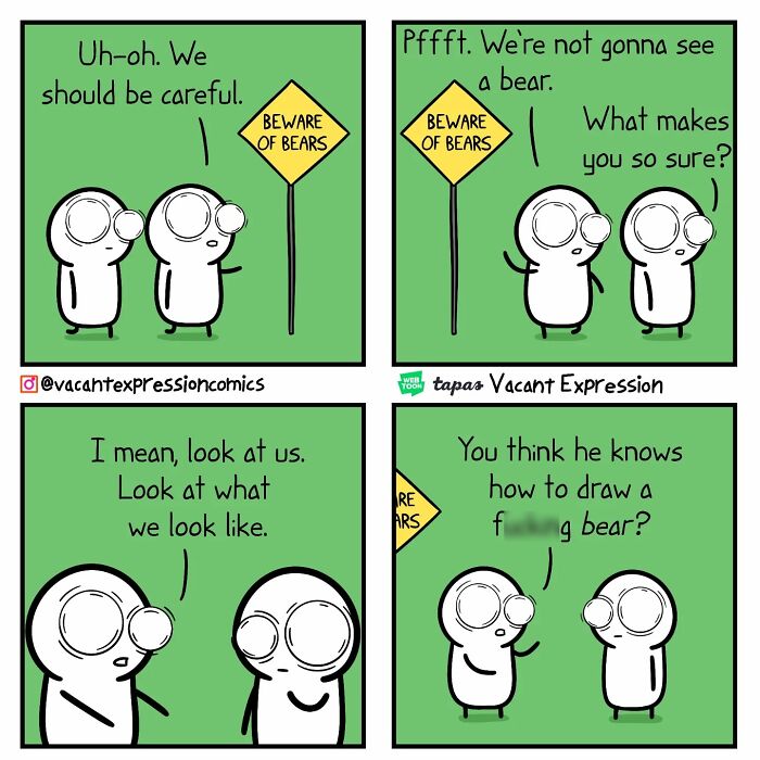 Two cartoon characters discuss a "Beware of Bears" sign in a sarcastic comic with a twisted ending.