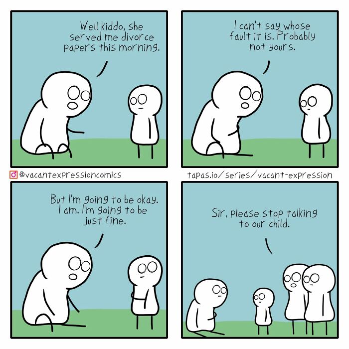 Sarcastic comic strip with a twisted ending featuring two characters discussing divorce papers humorously.