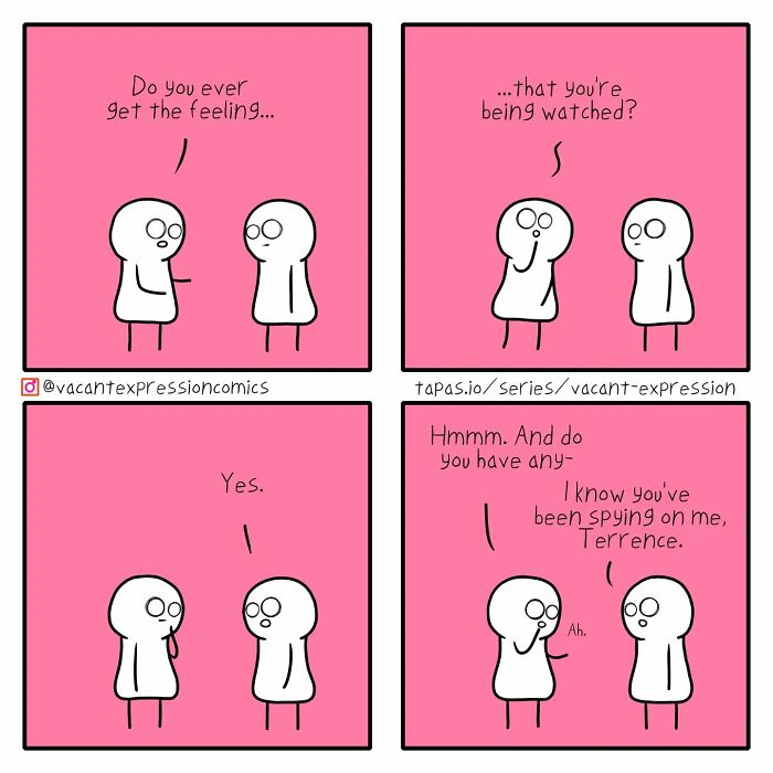 Two characters in a sarcastic comic discuss feeling watched, ending with a humorous twist.