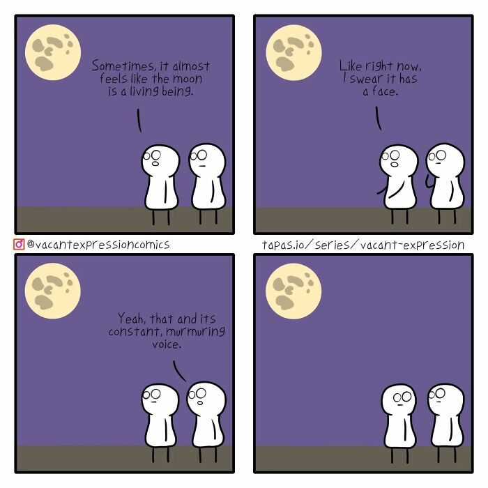 Sarcastic comic with two characters discussing the moon's face and voice under a night sky.