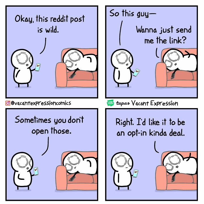 Sarcastic comic with a character holding a phone, discussing Reddit post links with a friend on a couch.