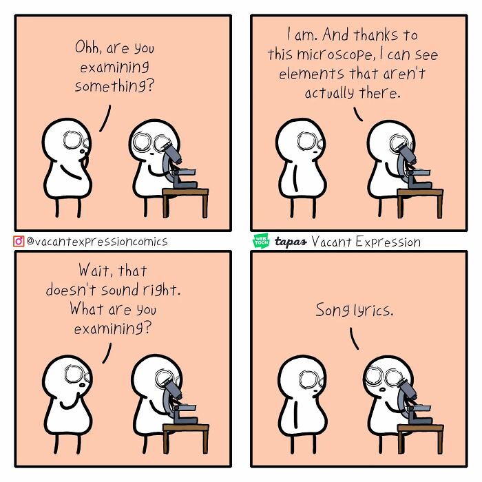Two characters in a comic strip with a microscope, discussing examining song lyrics humorously.