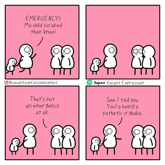 Sarcastic comic of a parent ignoring a scraped knee as the child looks smug, illustrating a twisted ending.
