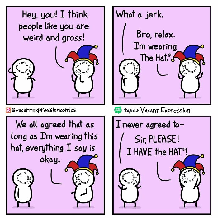 Sarcastic comic strip with characters wearing a jester hat, discussing twisted logic.