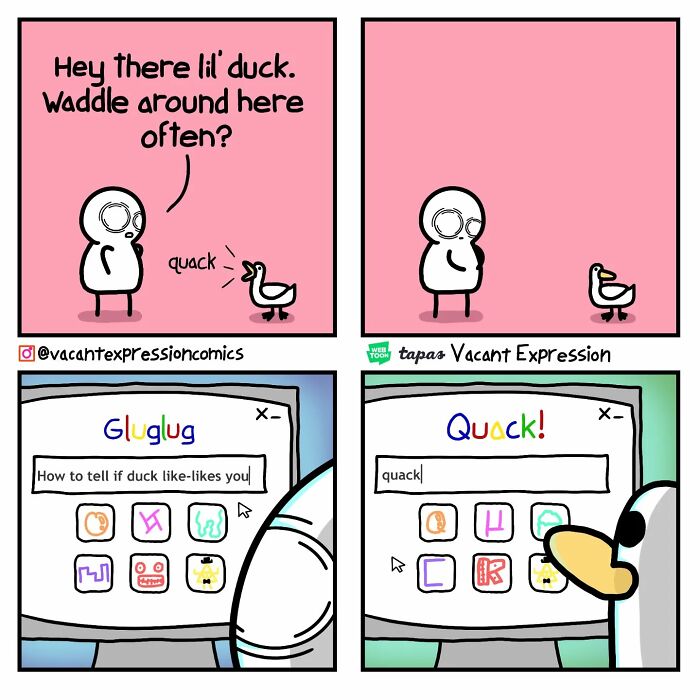 Sarcastic comic showing a character awkwardly interacting with a duck and searching online for signs a duck likes them.