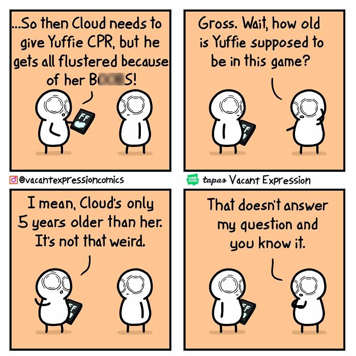 Sarcastic comic featuring two characters discussing Yuffie's age and Cloud's actions with humorous dialogue.