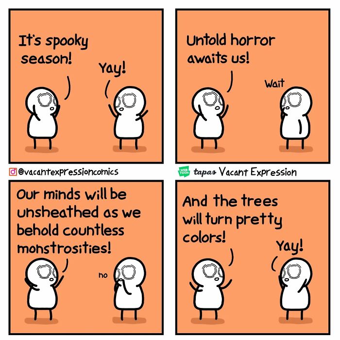 Two cartoon characters discuss spooky season with a sarcastic twist, highlighting humorous comics with twisted endings.