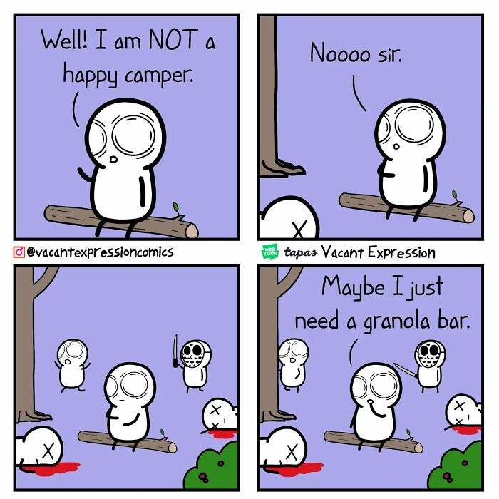 Sarcastic comic shows characters with a twisted ending, one sarcastically not a happy camper, another holding a knife.