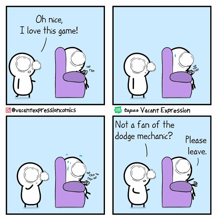 Sarcastic comic featuring a character unhappy with a game's dodge mechanic, ending with the request to leave.
