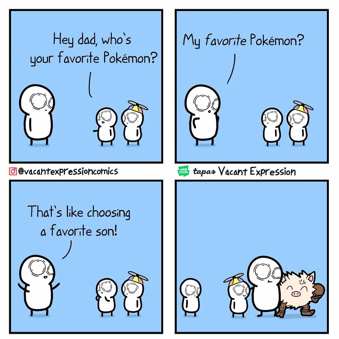 Sarcastic comic about choosing a favorite Pokémon with a humorous twist ending, drawn by Vacant Expression.
