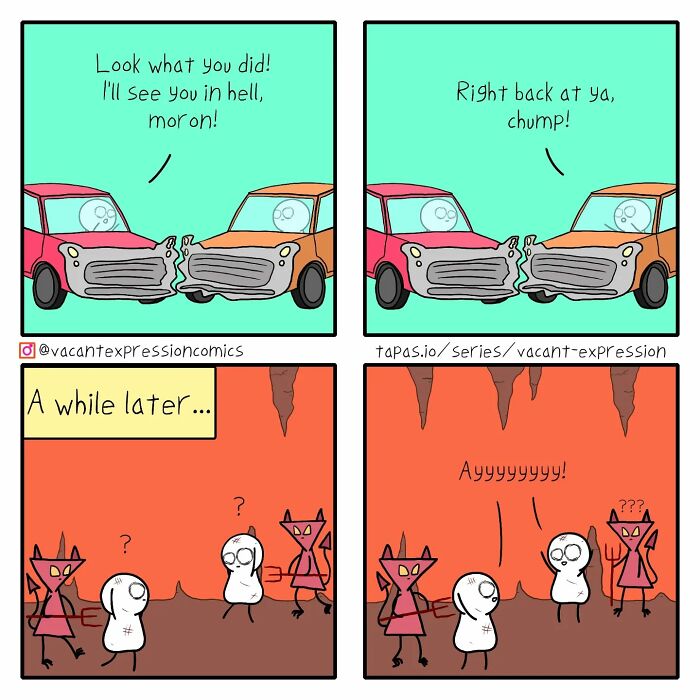 Sarcastic comic showing two cars crashing, followed by characters meeting in hell, surprised expression.