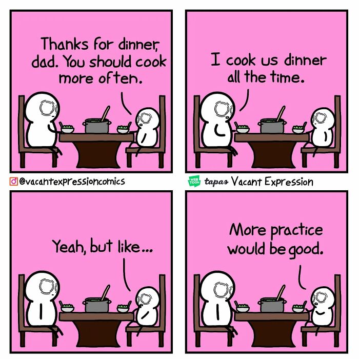 Sarcastic comic strip with a father and child dining, highlighting the need for more cooking practice.