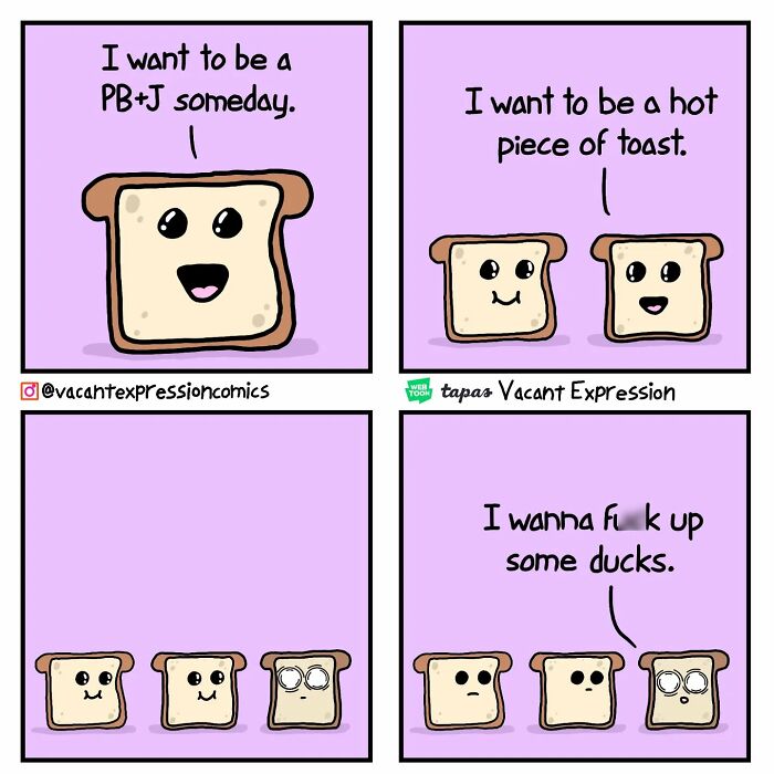 Sarcastic comic featuring bread slices with humorous dialogue on their future ambitions.