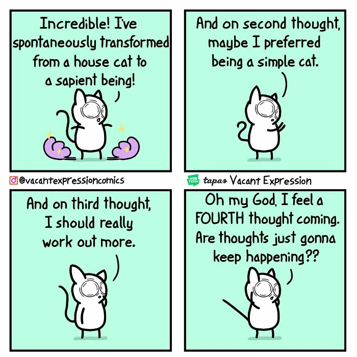 Sarcastic comic featuring a cat transforming and questioning its new thoughts.