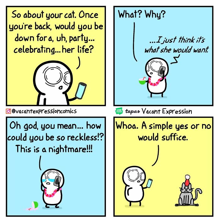 Sarcastic comic with a phone conversation about a cat's party ending in a surprising twist featuring a cat with a party hat.