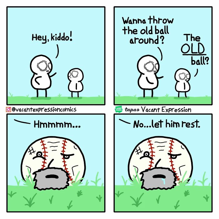 A comic with a sarcastic twist shows old baseball with a face and beard resting in grass.