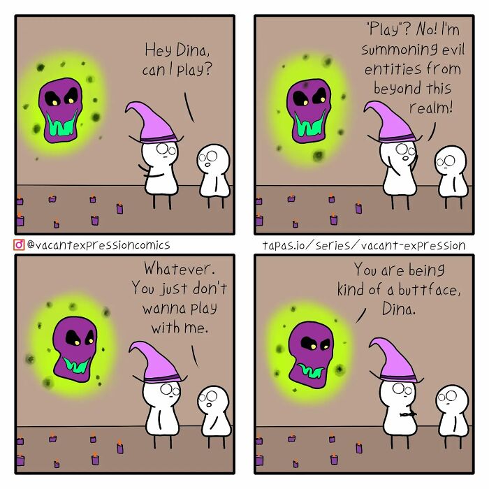 Sarcastic comic strip with a wizard summoning entities, ending humorously with a frustrated character.