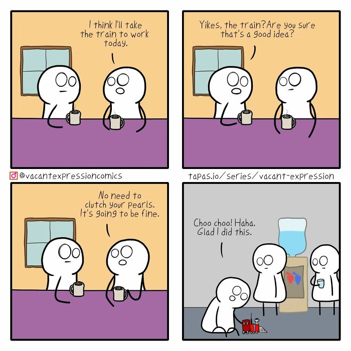 Sarcastic comic with two figures discussing train travel, ending with toy train humor.