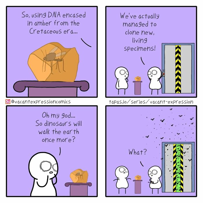 Comic with sarcastic twist showing scientists using DNA in amber to clone mosquitoes instead of dinosaurs.