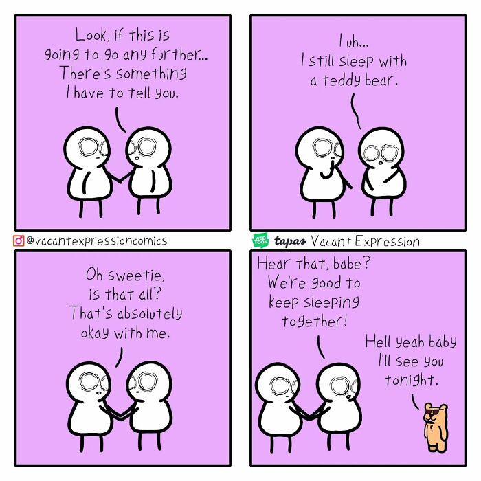 Sarcastic comic about relationships with a teddy bear twist. Two characters discuss sleeping arrangements.