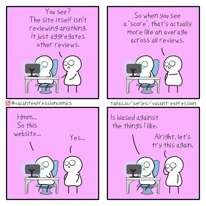 Two cartoon characters on a purple background discuss how a review site aggregates scores in a sarcastic comic strip.