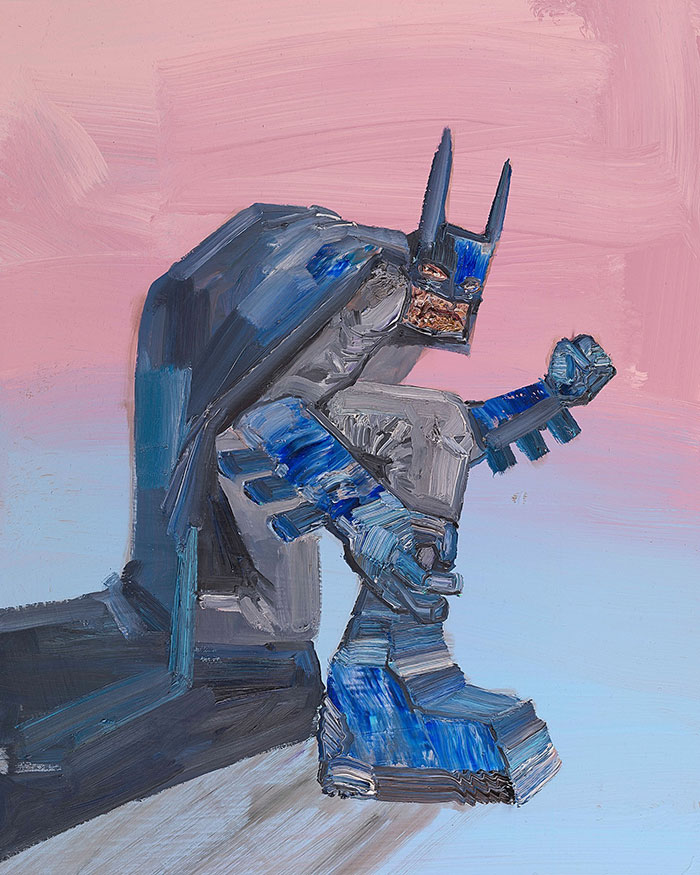 Abstract painting of Batman in shades of blue and gray, set against a pink background.