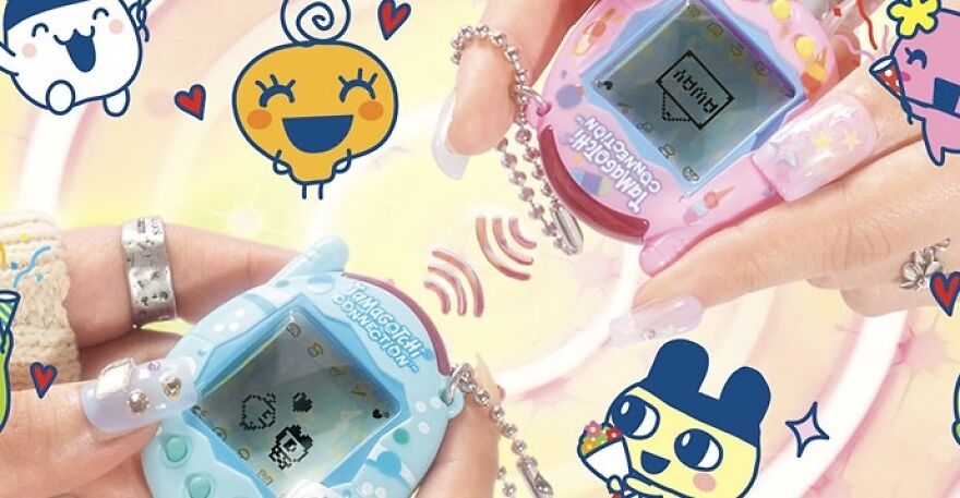Hands holding colorful Tamagotchis, surrounded by playful characters and hearts, illustrating viral trends.