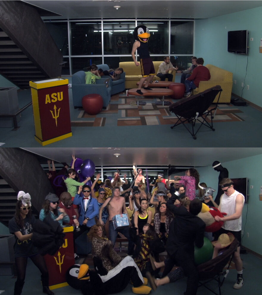 Students in a dorm transform a quiet lounge into a chaotic scene, embodying viral trends with costumes and lively antics.
