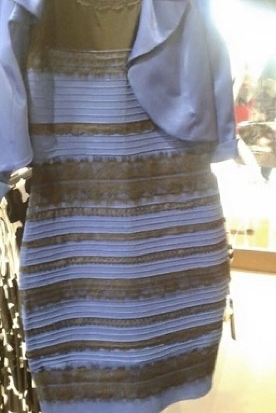 The viral dress in blue and black or white and gold, sparking debate.