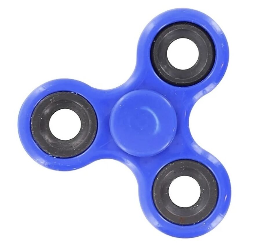 Blue fidget spinner, a popular viral trend toy, with three lobes and black bearings on a white background.