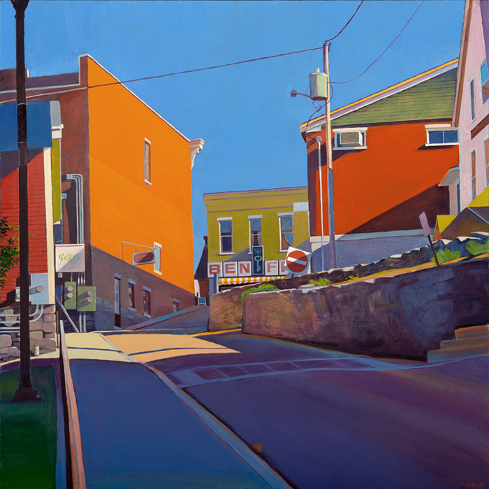 Quiet street painting by Susan Abbott, depicting sunlit buildings and a road turning onto a sunny avenue.