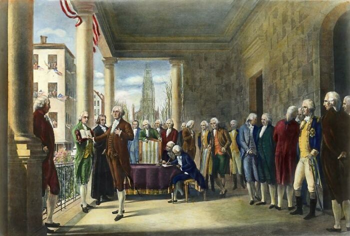 Historical figures gathered at an 18th-century event, showcasing a scene from early American history.
