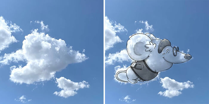 Fun illustration of a mouse drawn over a cloud in the sky.