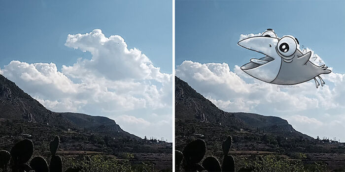 Illustration artist transforms a cloud into a cartoon bird over a mountainous landscape.