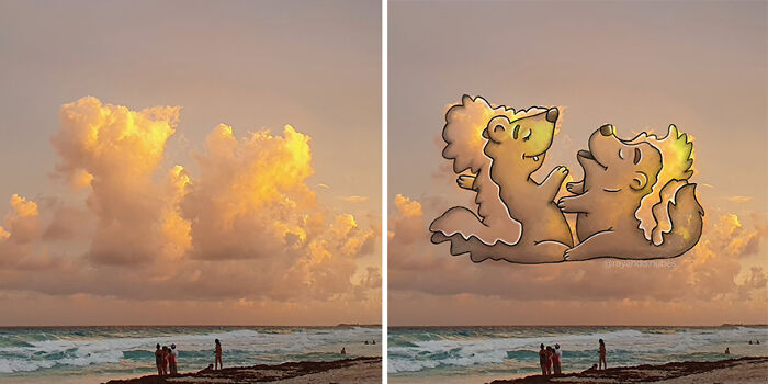 Fun illustrations on clouds featuring cartoon-style animals playing, with people on a beach below the sunset sky.