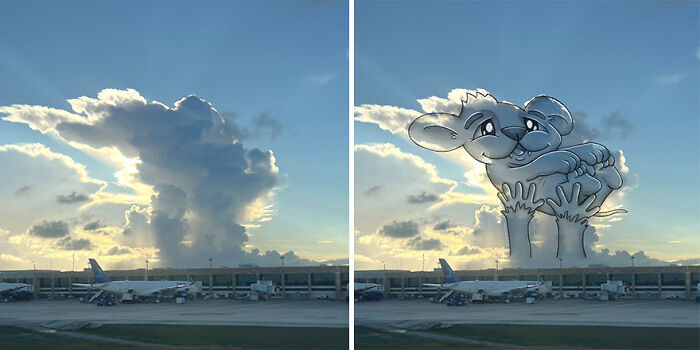 Illustration of a cute creature hugging a cloud, transforming a sky scene into fun art.