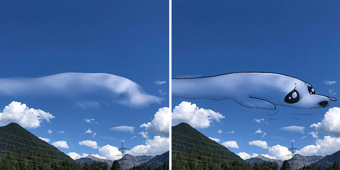 Artistic illustration of a cloud resembling a seal above mountains, showcasing creative fun with cloud imagery.
