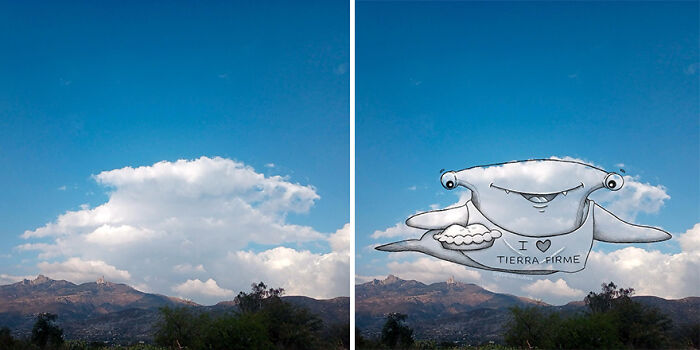 Fun illustration of a manta ray on a cloud in a blue sky with mountains below.