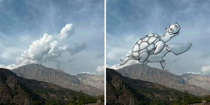 Illustration of turtle and whale overlaid on cloud shapes above mountains, showcasing fun art with clouds.