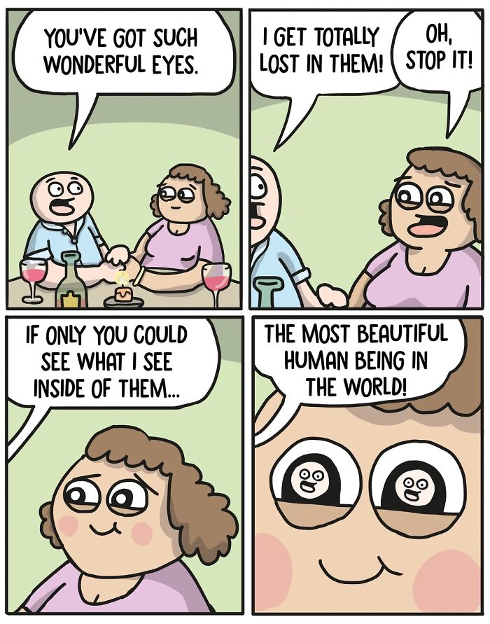 Norwegian cartoonist's comic: couple admires each other's eyes humorously with social commentary.