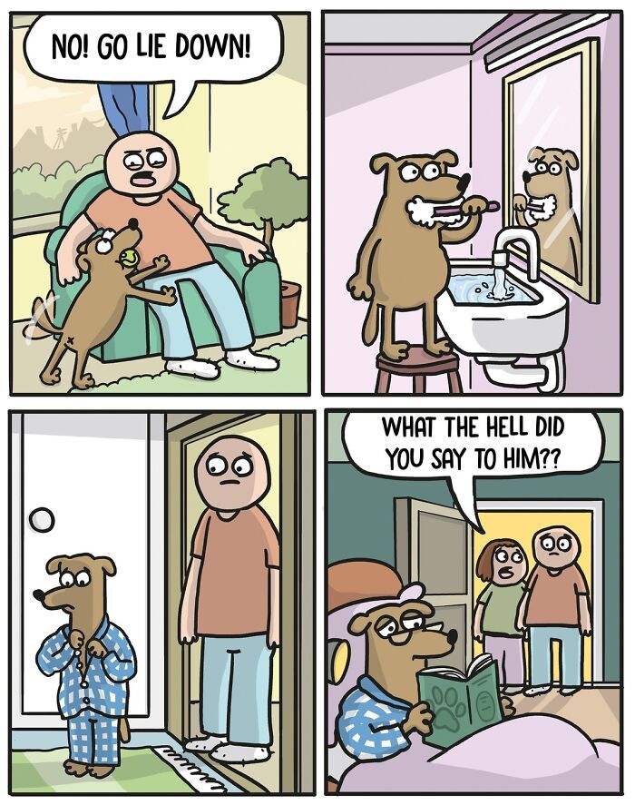 Norwegian cartoonist comic with a dog acting human, brushing teeth and reading, surprising its owner.