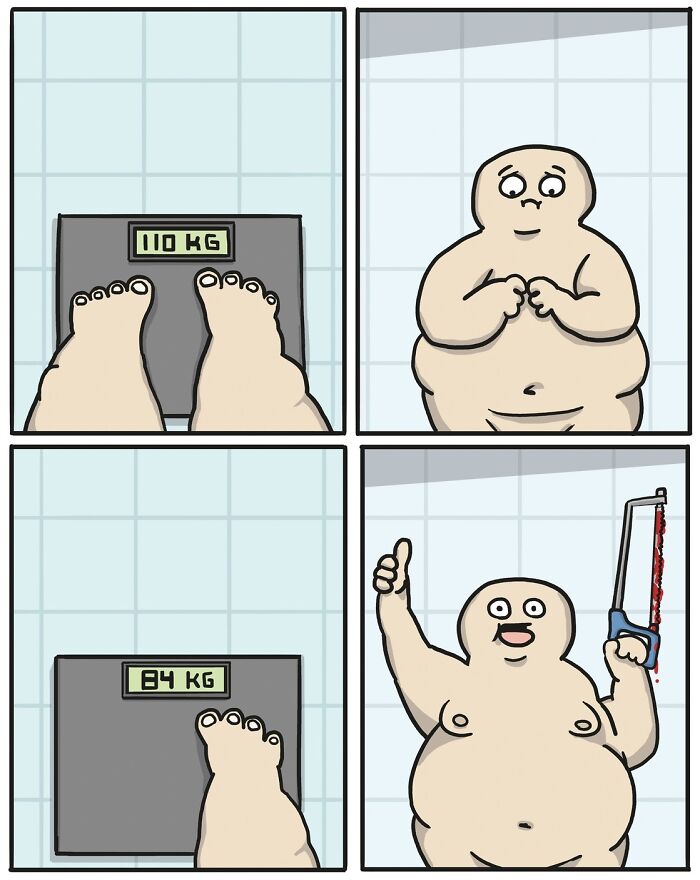 Cartoon by Norwegian artist: a person weighs 110 kg, then 84 kg, smiling with a saw in hand.