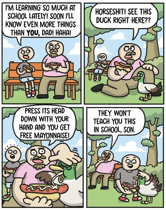 Norwegian cartoonist's comic showing a father teaching his son a satirical lesson with a duck in the park.