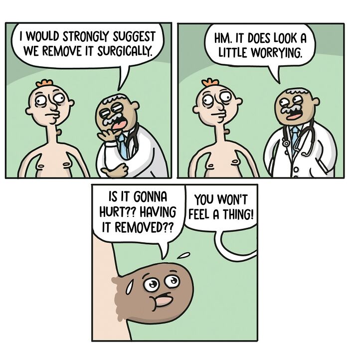 A Norwegian cartoonist illustrates a patient nervous about surgery, showcasing satire and social commentary in comic form.